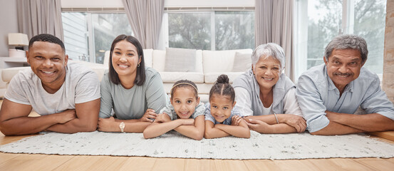 Canvas Print - Portrait, big family and happy parents with children on floor for love, care and sisters bonding together. Grandparents, mom and dad with kids in lounge on carpet to relax with generations in home