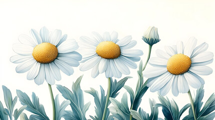 Wall Mural - A serene illustration of three daisies with vibrant petals and lush green leaves.