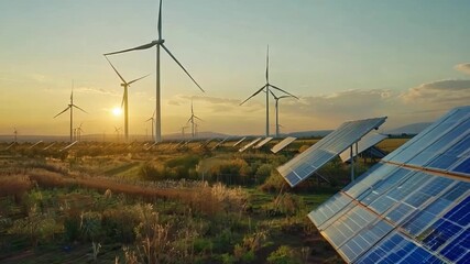 clean energy concept: wind turbine with solar panels and sunset