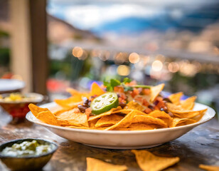 Poster - A close-up view of a plate of nachos with melted cheese and various toppings, illuminated by natural sunlight.