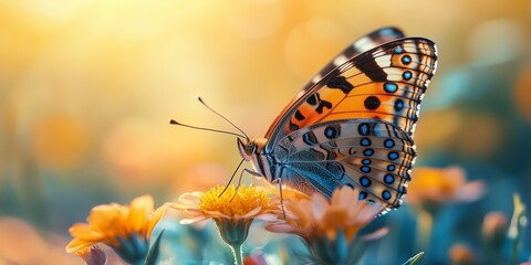 Poster - Close-Up of Butterfly on Flower Amidst a Sunlit Meadow, generative ai