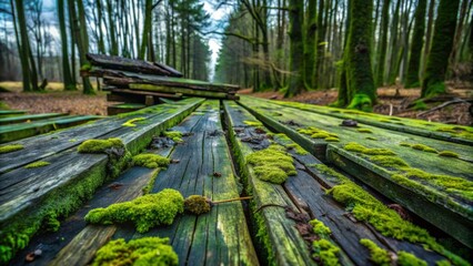 Old, weathered wooden planks covered in green mold and fungal growth, surrounded by dark, damp forest atmosphere, evoking feelings of decay and neglect.