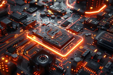 Poster - Futuristic Circuit Board with Glowing Elements