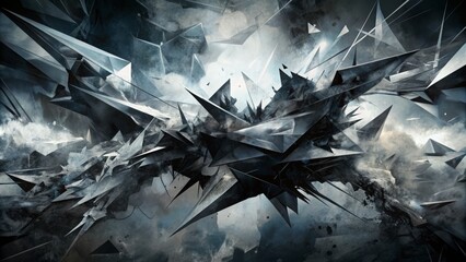 Ominous black and gray abstract digital art featuring distorted shapes, eerie torn paper elements, and jagged lines, evoking a sense of mystery and intensity.