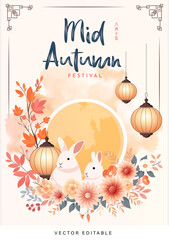 Canvas Print - Happy Mid Autumn Festival with Cute Rabbit and Baked Mooncake