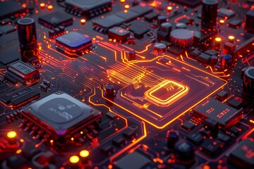 Poster - Intricate Circuit Board with Glowing Pathways and Components