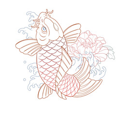 Wall Mural - Koi Irezumi line illustration, koi fish, line work completed. Oriental painting tattoo design