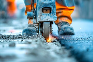 Wall Mural - Construction Worker Using a Road Cutting Machine Sparks Fly on the Asphalt