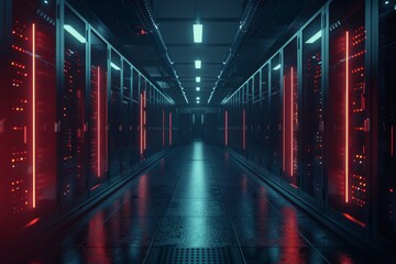 Poster - Explore this striking image of a modern data center, illuminated by vibrant neon lights, highlighting its design