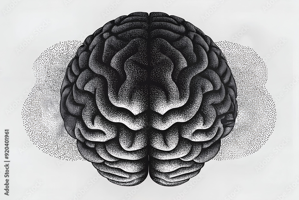 Vintage Bitmap Black And White Brain Illustration Art. Human Brain ...