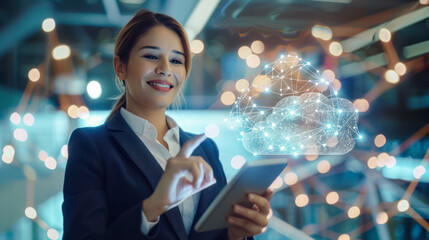 Poster - Beautiful smiling caucasian business woman in a suit holding a tablet with a digital cloud in the air. Digital cloud service, app, network, security, database, interface, support, internet, wi-fi