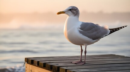 A majestic seagull standing on a weathered wooden dock, its feathers a vibrant white with subtle gray undertones, its wings slightly outstretched, and its sharp beak pointing towards the horizon, set 