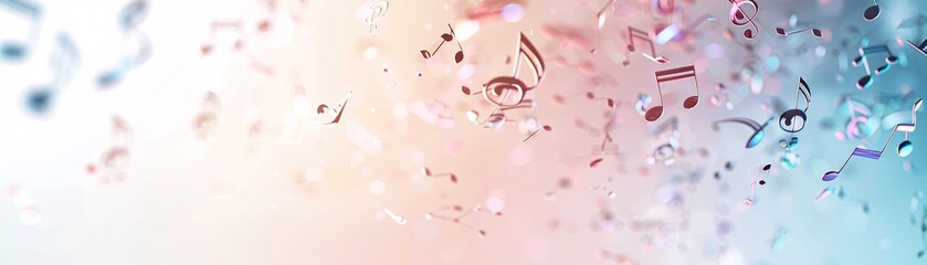 Poster - dynamic 3d music notes spiraling upwards against a vibrant, colorful background with plenty of copy 