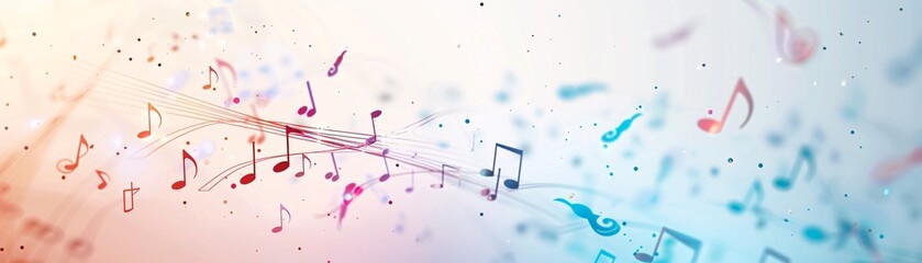 Poster - dynamic 3d music notes spiraling upwards against a vibrant, colorful background with plenty of copy 