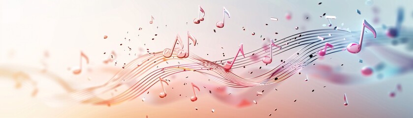 Poster - dynamic 3d music notes spiraling upwards against a vibrant, colorful background with plenty of copy 