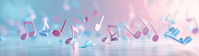 Poster - A serene 3D scene of music notes gently floating in a pastel-colored environment, with generous copy space for messages.