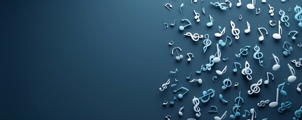 Poster - floating 3d music notes and symbols against a deep blue backdrop, offering plenty of copy space for 