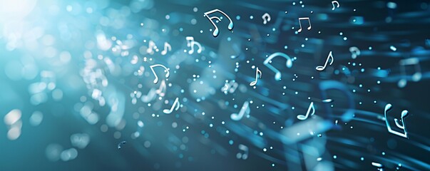 Poster - Floating 3D music notes and symbols against a deep blue backdrop, offering plenty of copy space for text or branding elements.
