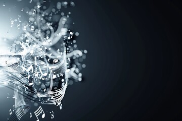 Poster - An elegant 3D swirl of music notes on a black background, illuminated by subtle light effects, with generous copy space.