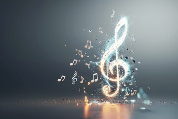 Poster - A 3D rendered treble clef and musical notes emerging from a dark background, illuminated by subtle lighting, with significant copy space.