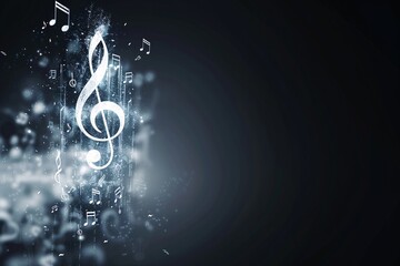 Poster - A 3D rendered treble clef and musical notes emerging from a dark background, illuminated by subtle lighting, with significant copy space.