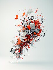 Poster - A dynamic 3D explosion of musical symbols on a light background, providing plenty of copy space for impactful text or logos.
