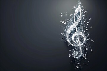 Poster - A 3D rendered treble clef and musical notes emerging from a dark background, illuminated by subtle lighting, with significant copy space.