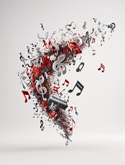 Poster - A dynamic 3D explosion of musical symbols on a light background, providing plenty of copy space for impactful text or logos.
