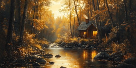 Wall Mural - Warm Lighting and Tranquility: Telecommuting from a Rustic Cabin, generative ai