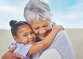 Poster - Grandmother, girl and happy in outdoor with hug for love, support and care in Brazil. People, family and smile with kid for bonding as babysitter to relax, chill and break for child development