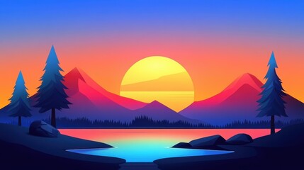 Sticker - A serene fantasy landscape featuring a picturesque mountain lake surrounded by lush forest at sunset, digitally painted in a whimsical style.