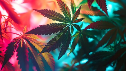 marijuana leaves on a colorful background, close up top view on cannabis leaves and branches on colo