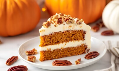 A slice of homemade pumpkin cake with pecan nuts,  Generative AI