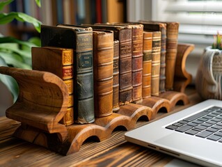 a row of books on a wooden shelf. 