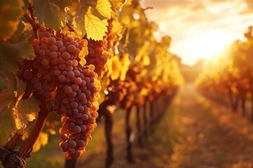 Wall Mural - A serene vineyard at sunset, with clusters of ripe grapes glistening among lush green leaves, creating a picturesque scene of nature's bounty