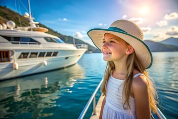 Happy Little Girl in a Straw Hat at the Marina.