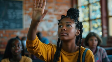 Wall Mural - A group of students demonstrate their learning interactions with their teacher in a multi-ethnic high school classroom.