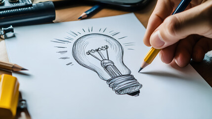 Wall Mural - A hand drawing of a light bulb on white paper in pencil,