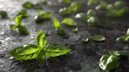 Close-up of fresh green basil leaves on a dark surface with water droplets.