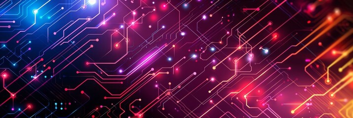 Poster - A vibrant depiction of a complex circuit board illuminated with colorful neon lights and digital patterns