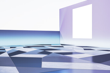 Modern white and blue geometric gallery interior with empty mock up frame on wall. Exhibition and art concept. 3D Rendering.