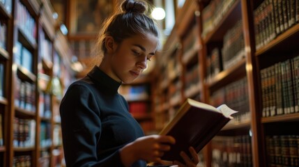 A female professor is reading a book in a library. Background: Large bookshelf.