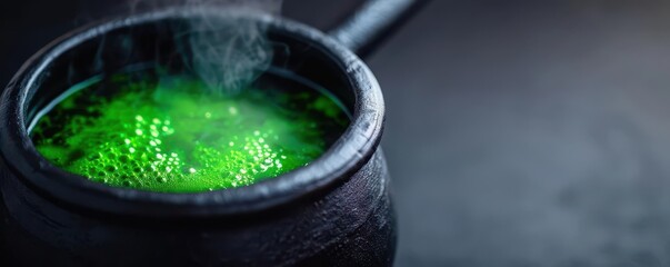 Witch's cauldron bubbling with green potion, Halloween background