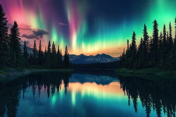 Northern Lights Reflecting in a Mountain Lake