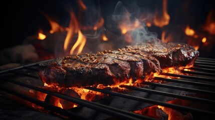 Canvas Print - BBQ Barbecue grilled meat stick on fire flame with hot charcoal cooking outside 