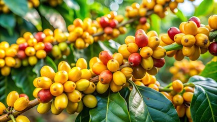 Ripe Coffee Beans on Branch. close up of yellow bourbon ripe arabica coffee beans.