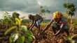 © Youttakone - Two Black African woman farmers planting trees to combat climate change and global warming in Africa.