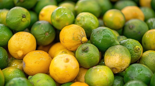 Yellow and gree lemon background,A pile of lemons in a market ,bunch of yellow lemons,green lemons limes as a background,Fresh green lemon lime texture background pile of lime for sale in the market