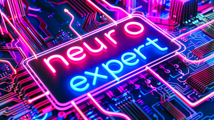Poster - Neon nameplate with neuro expert text on circuit board. Neuro illustrator, data analyst, ML engineer. Artificial intelligence Digital profession education. computer technology, data, AI specialist