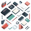 © Chaikit - 240805 02. A simple vector icon illustration depicting the group of business items at center for a website isolated white background with office supplies such as pens, staplers, and notepads